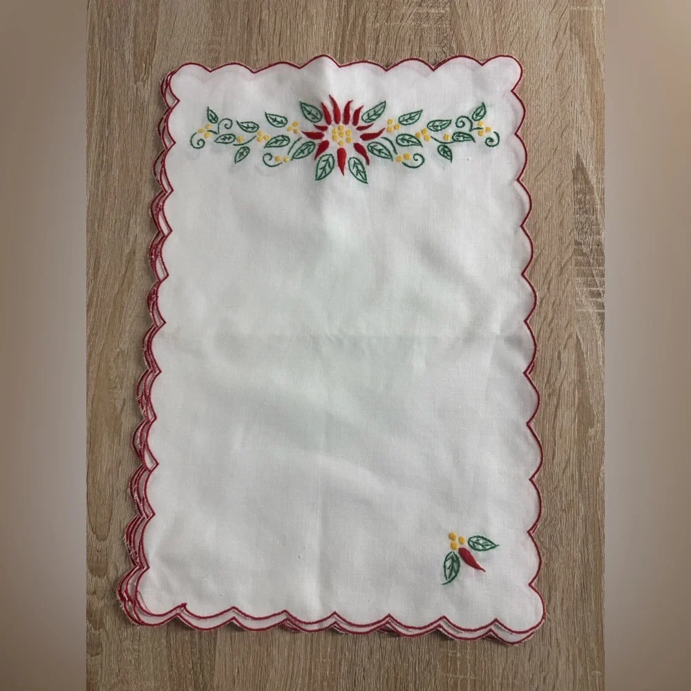 Vintage Lot Of 6 Embroidered Floral Handkerchief Napkin Red Scalloped Trim White